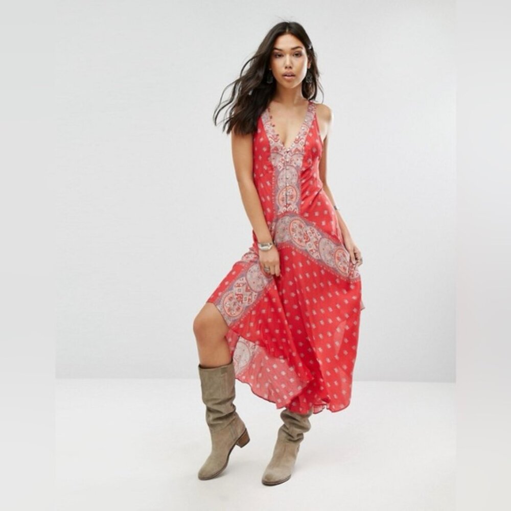 Free People Faithfully Yours V Neck Slip Dress Maxi Red Paisley Boho Hippie XS